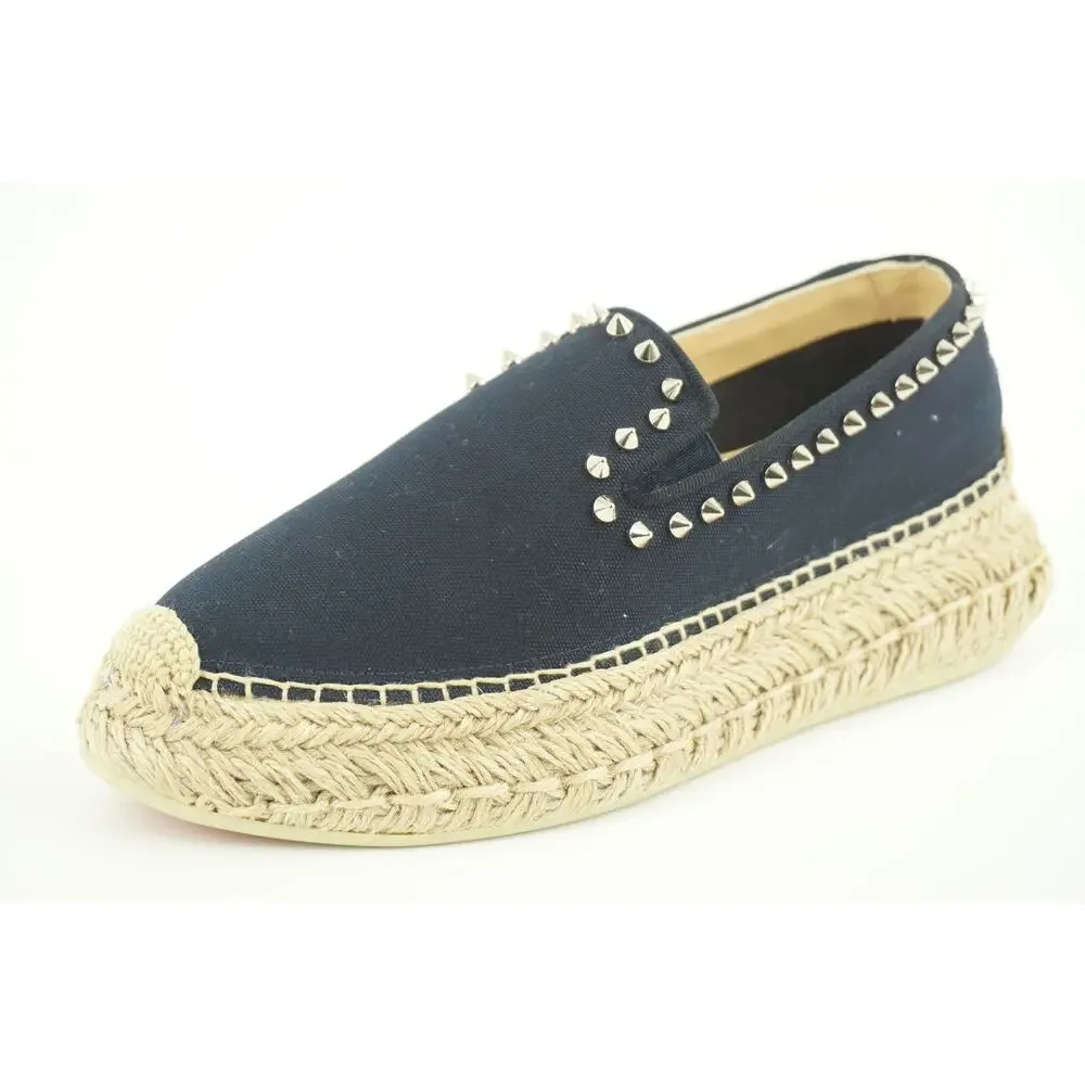 Christian Louboutin Espaboat Navy Canvas Spiked Espadrille Flat SZ 37 NIB